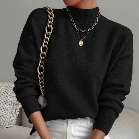 . Sweaters - Black Preppy Womens Mock Neck Sweater